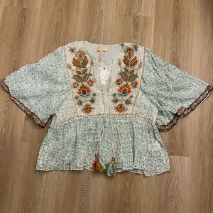 Anthropologie Floral Embroidered Top - Blue and Orange